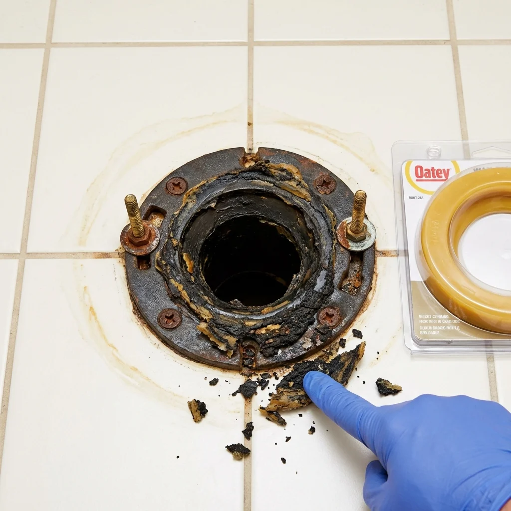 Failed wax ring showing water seepage at the base of a toilet in a Pleasant Hill, NC home