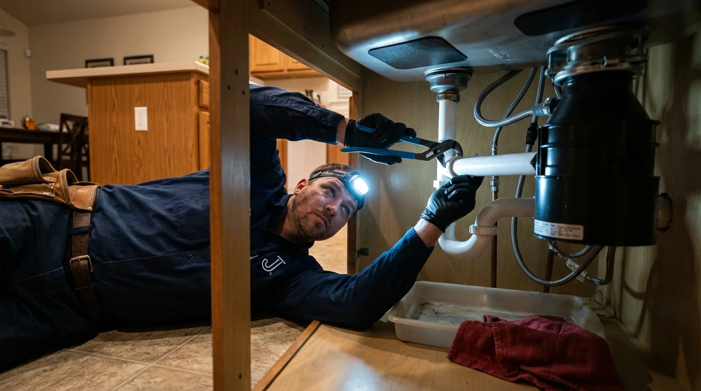 P-trap and supply line connections under a kitchen sink showing a common leak point in Pleasant Hill, NC